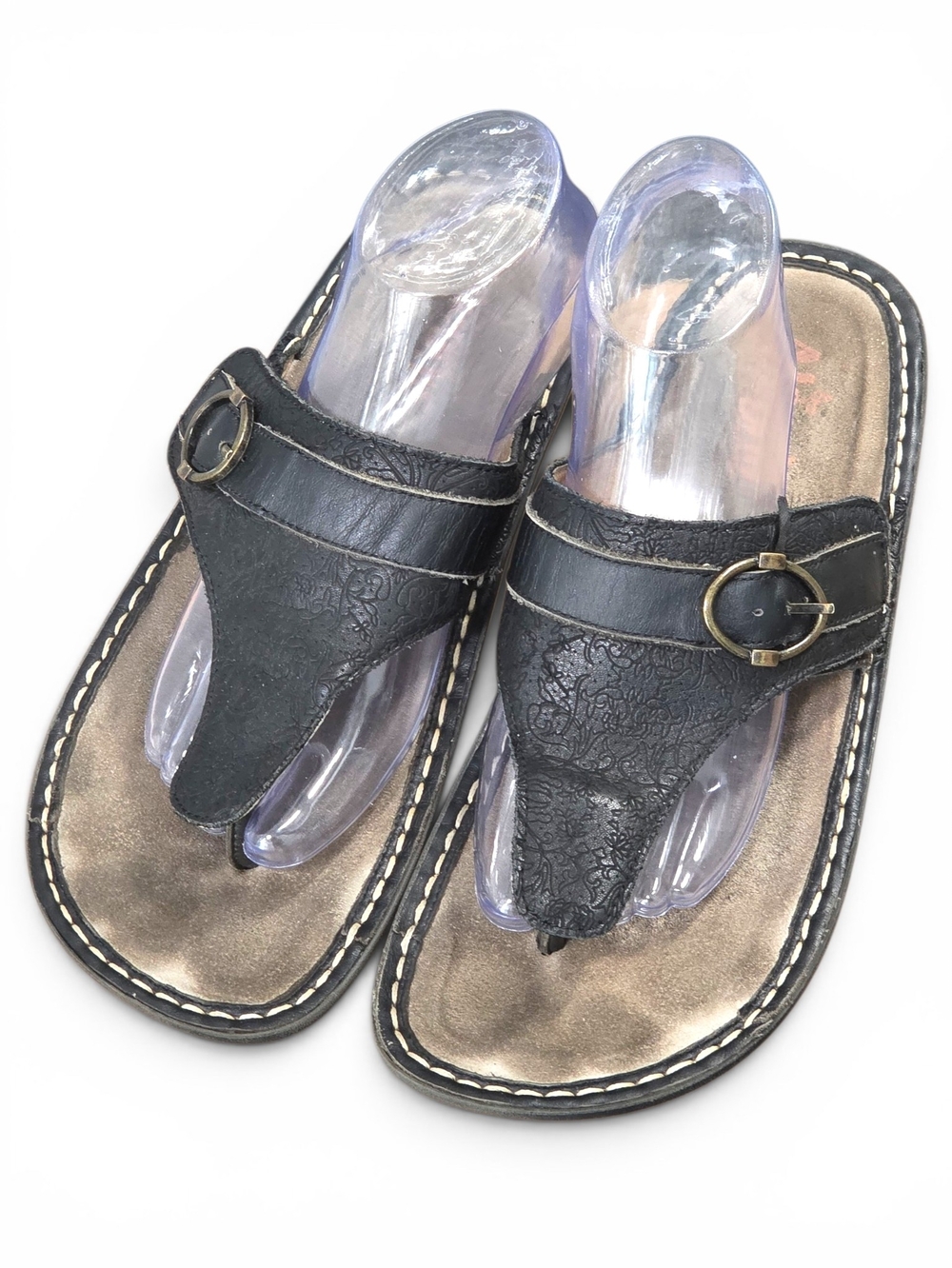 Alegria Black Leather Embossed Thong Comfort Sandals – Size 42 (11.5/12 US)